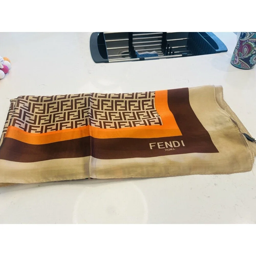 Fendi FF Logo Silk Scarf Brown & Orange 100% Silk 70” x 35”